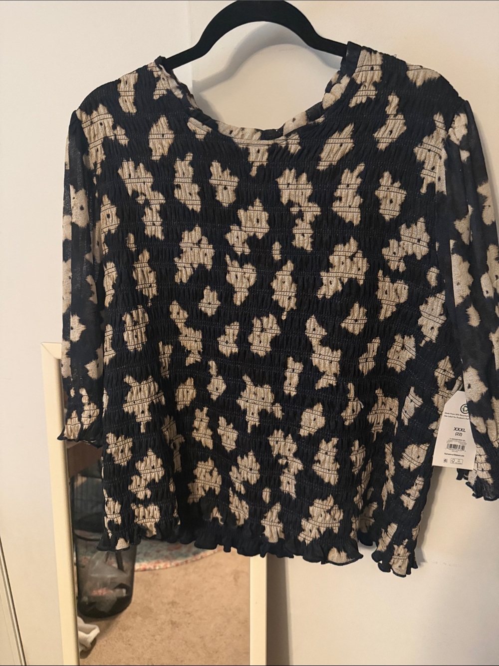 Time and Tru Black and Cream Smocked Tiered-Hem Blouse